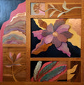 1970s  Large Wood, Copper Inlay Sculpture Wall Relief Tropical Flowers Motif