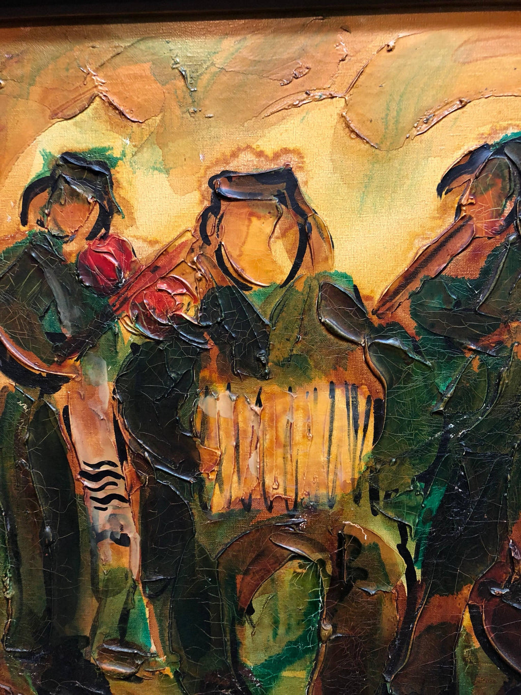 Jewish Klezmer Musicians, Israeli Judaica Impasto Palette Knife Oil Painting