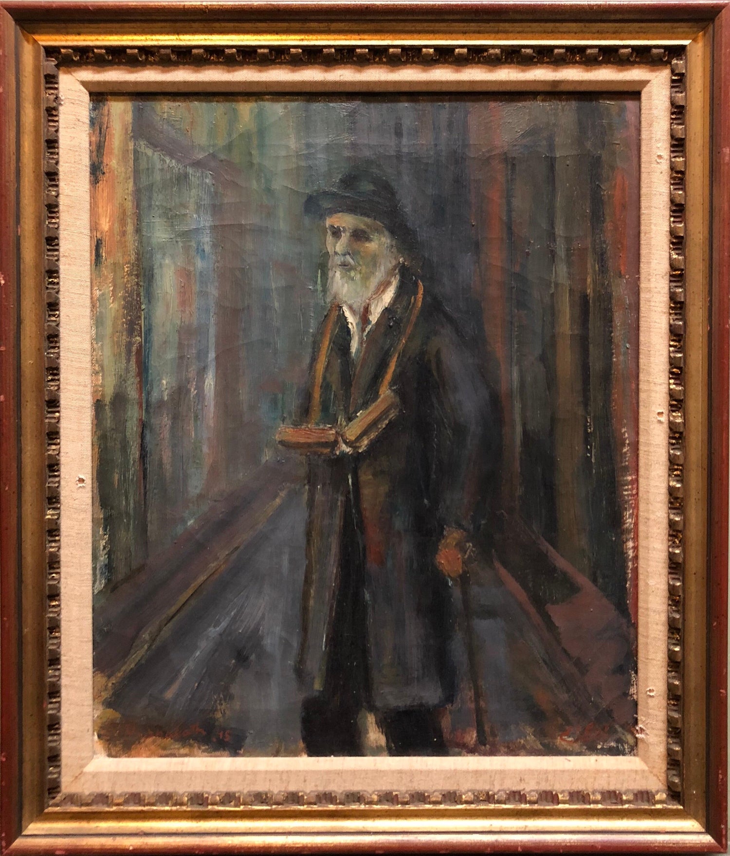 Judaica Oil Painting 1945 Palestine Old Jewish Man Polish Israeli Artist