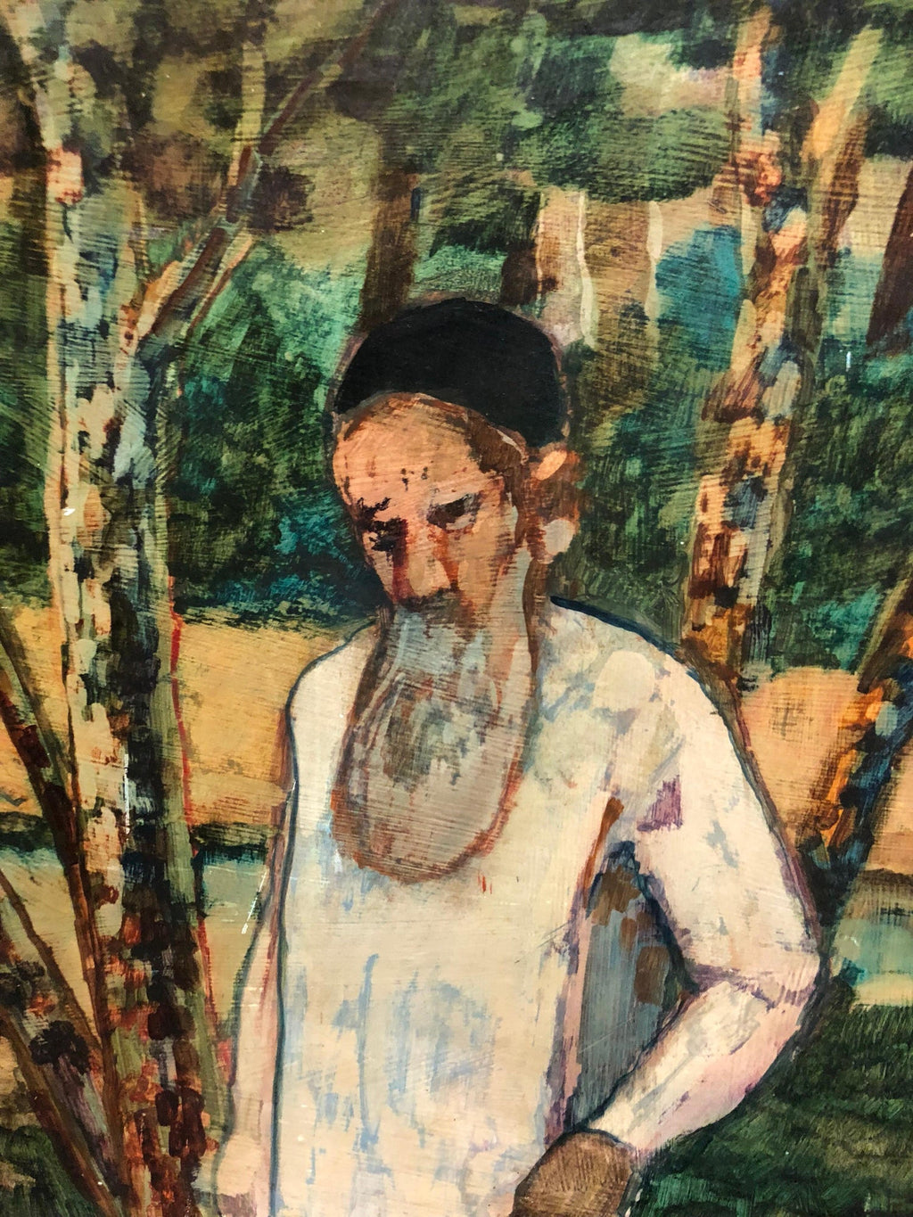 Judaica Meditative Rabbi at Prayer in Nature, Large Landscape Oil Painting