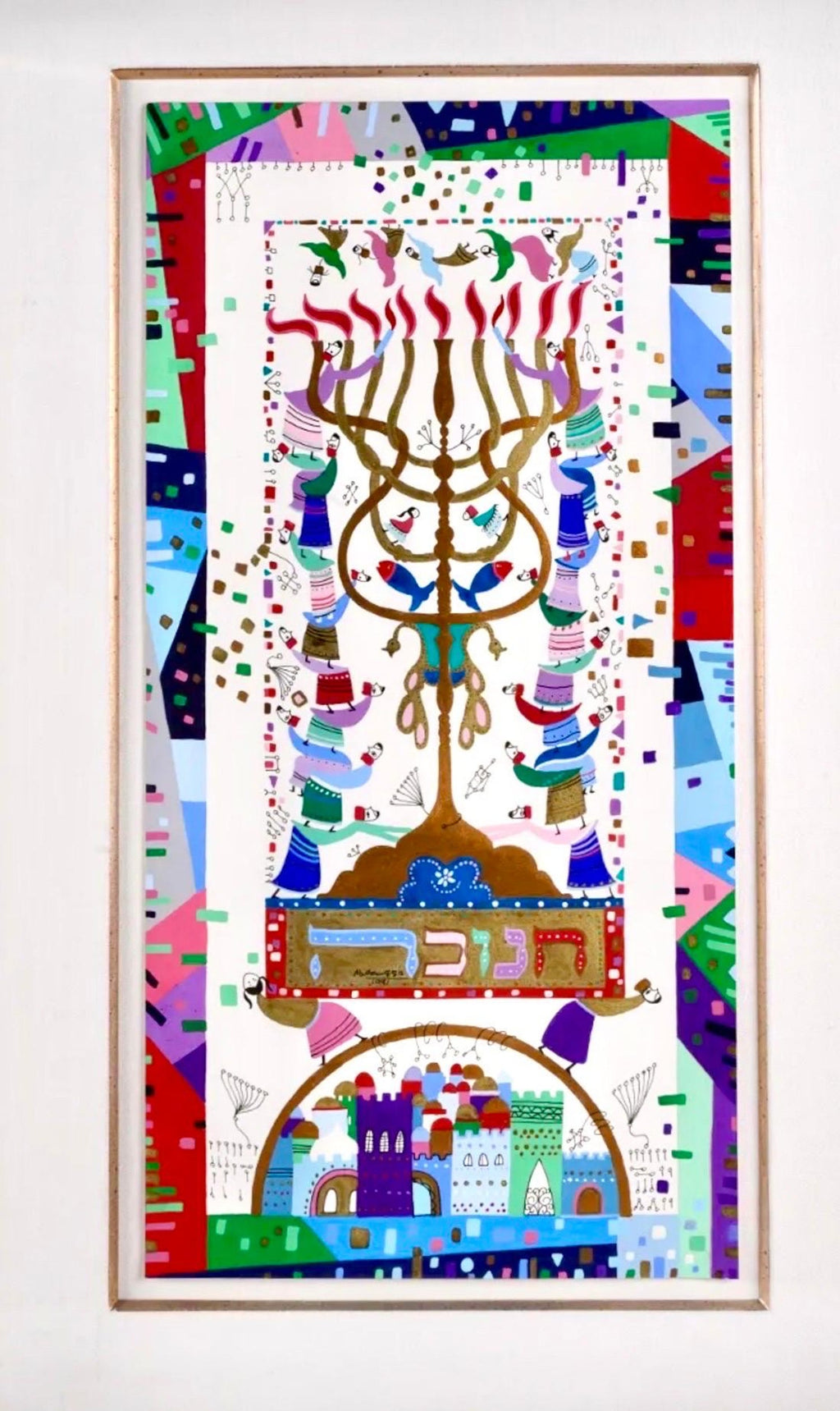 Vibrant Judaica Israeli Hanukkah Sephardic Kabbalah Painting Raphael Abecassis