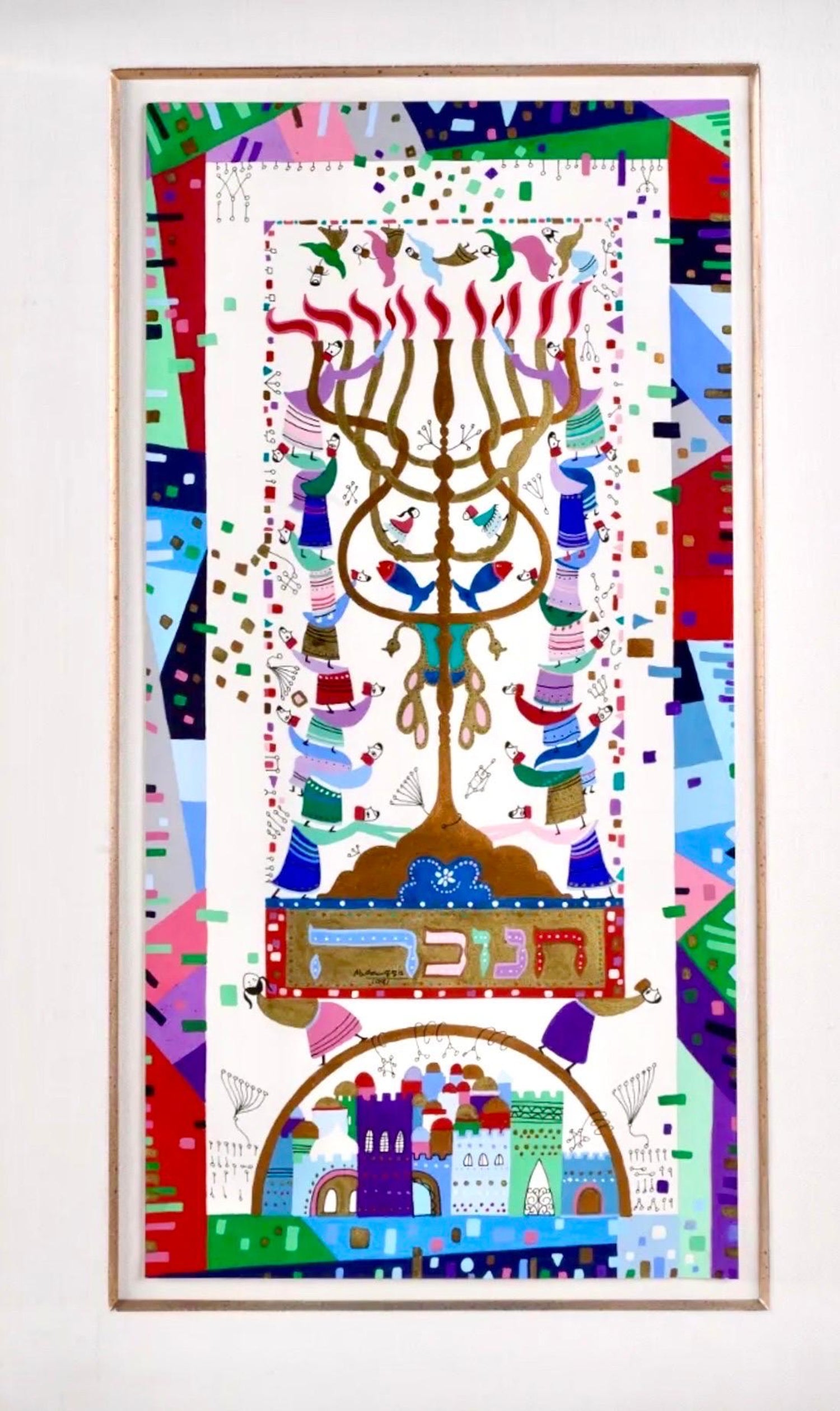 Vibrant Judaica Israeli Hanukkah Sephardic Kabbalah Painting Raphael Abecassis