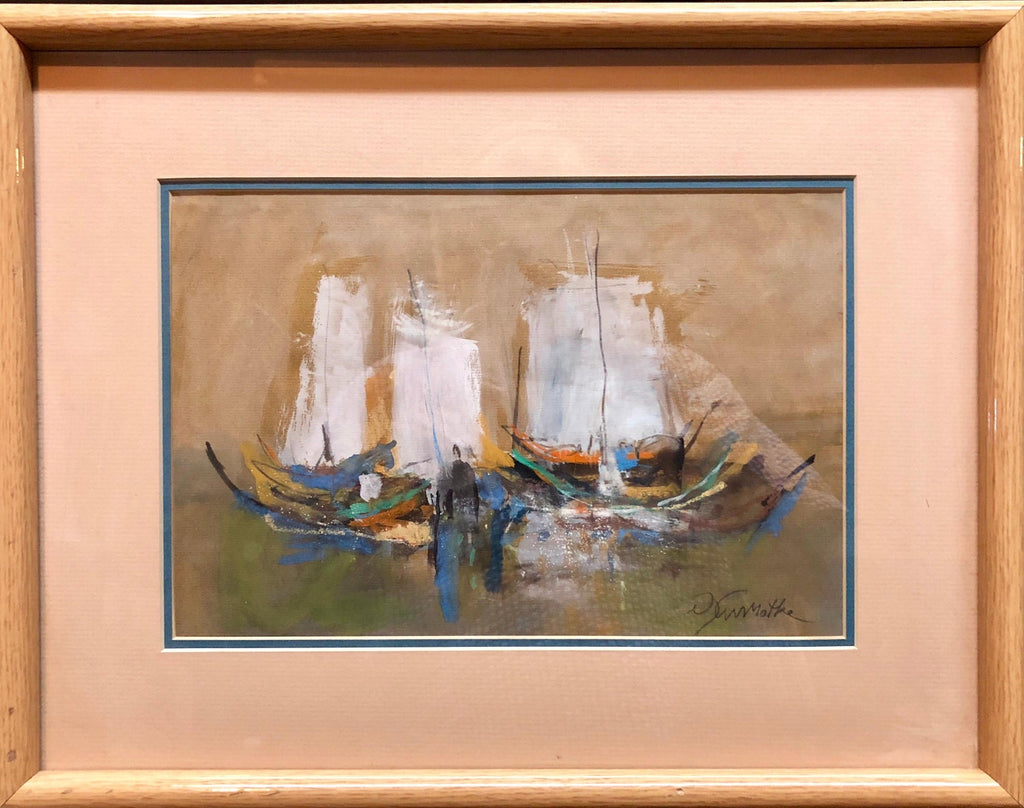 Israeli Modernist Abstract Expressionist Gouache Painting Boats