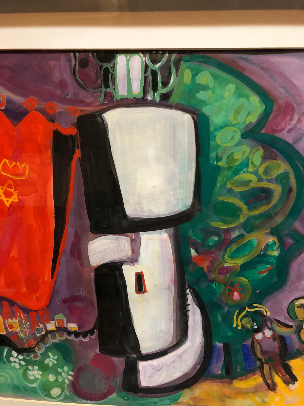 Israeli Kibbutz Artist Judaica Shul Torah Ark Surrealist Gouache Painting