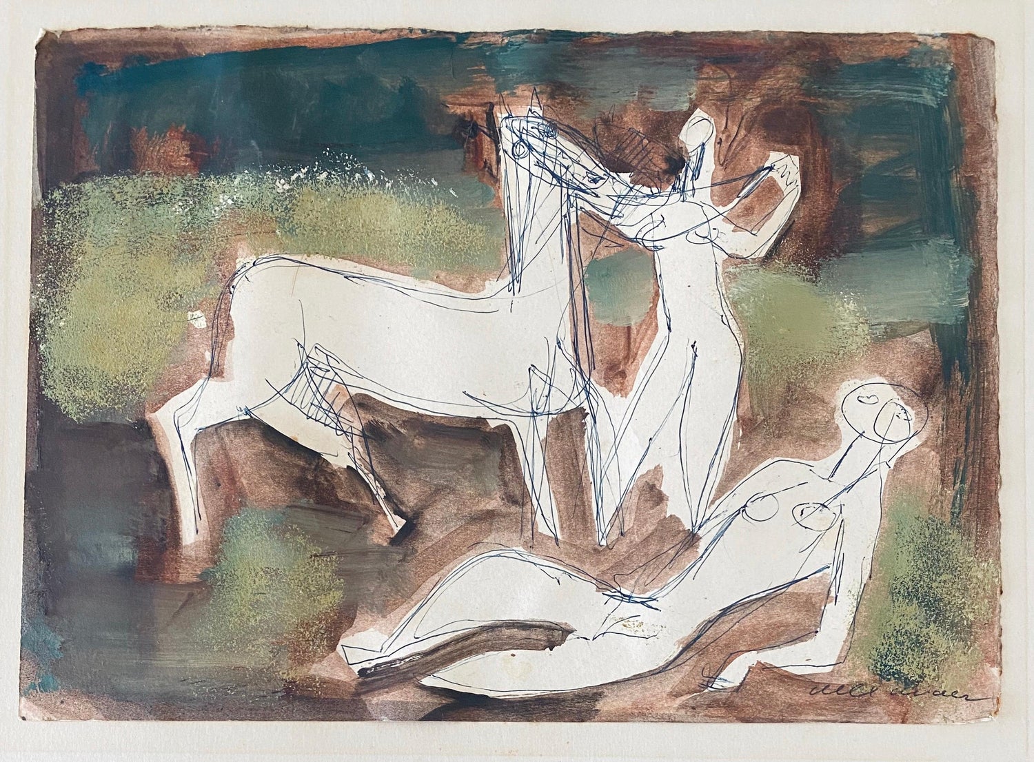 Abstract with Figures Israeli Mid Century Modernist Woodcut Watercolor Painting