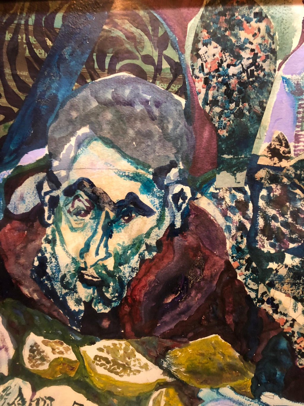 Assemblage Collage Painting Outsider Art Rabbis Studying, Jerusalem