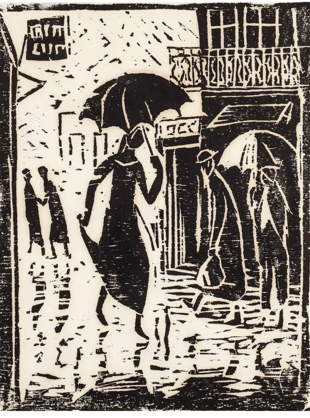 Woodblock Print Polish Israeli Artist Azriel Awret Rainy Street Jerusalem Israel