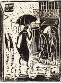 Woodblock Print Polish Israeli Artist Azriel Awret Rainy Street Jerusalem Israel