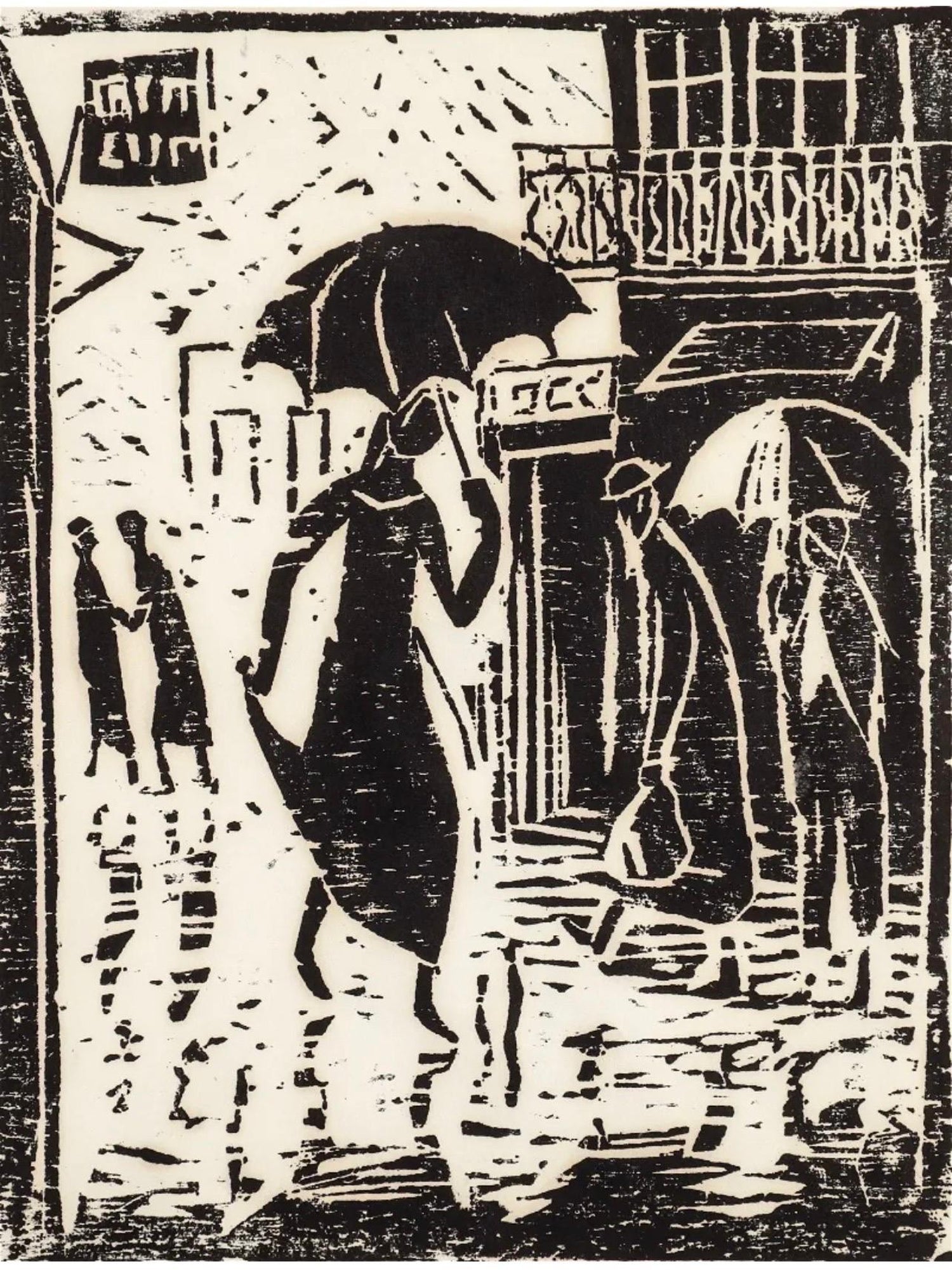 Woodblock Print Polish Israeli Artist Azriel Awret Rainy Street Jerusalem Israel