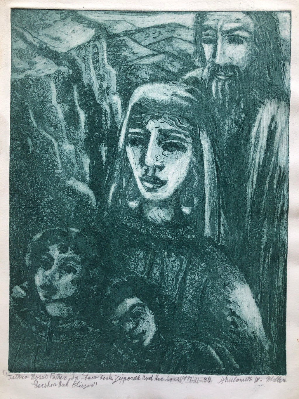 Modernist "Jethro" Aquatint Etching Israeli Judaica Bezalel School Woman Artist