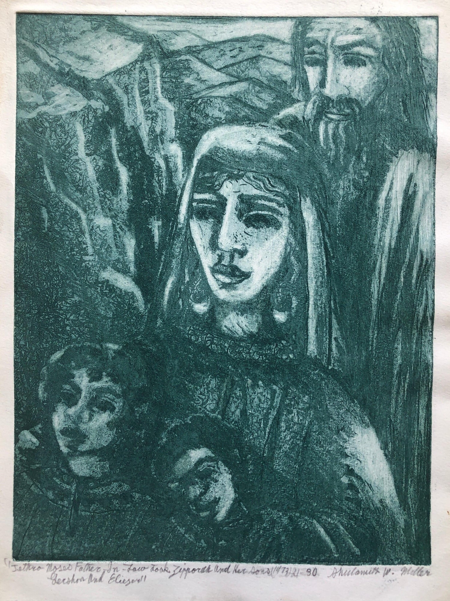 Modernist "Jethro" Aquatint Etching Israeli Judaica Bezalel School Woman Artist