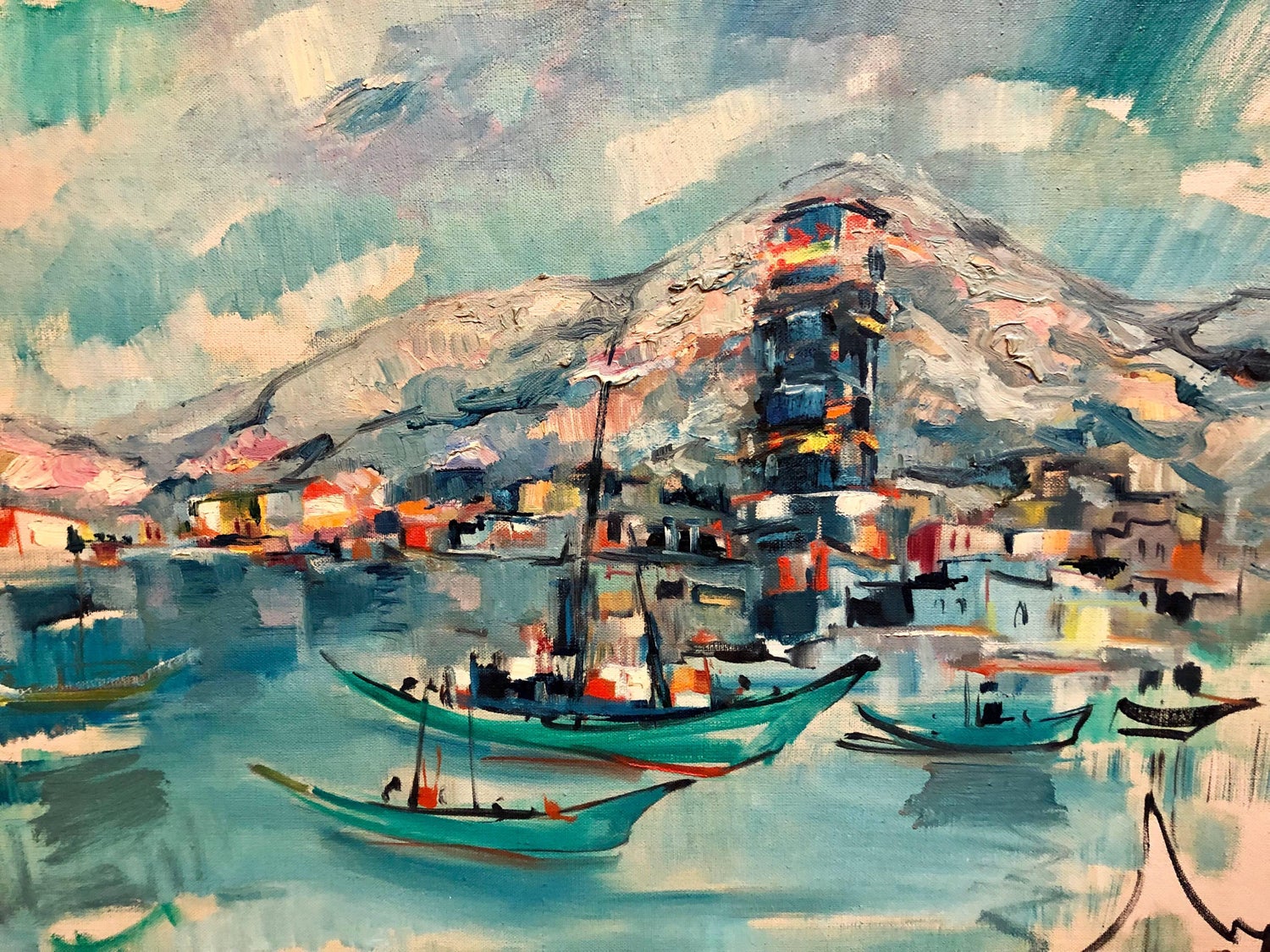 1940s Israeli Modernist Oil Painting Marine Harbor Landscape Bezalel School
