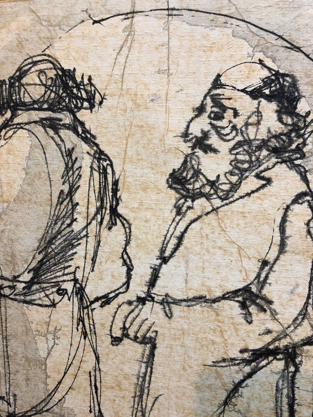 Modernist Israeli Judaica Mixed Media Painting Rabbis Walking In Jerusalem