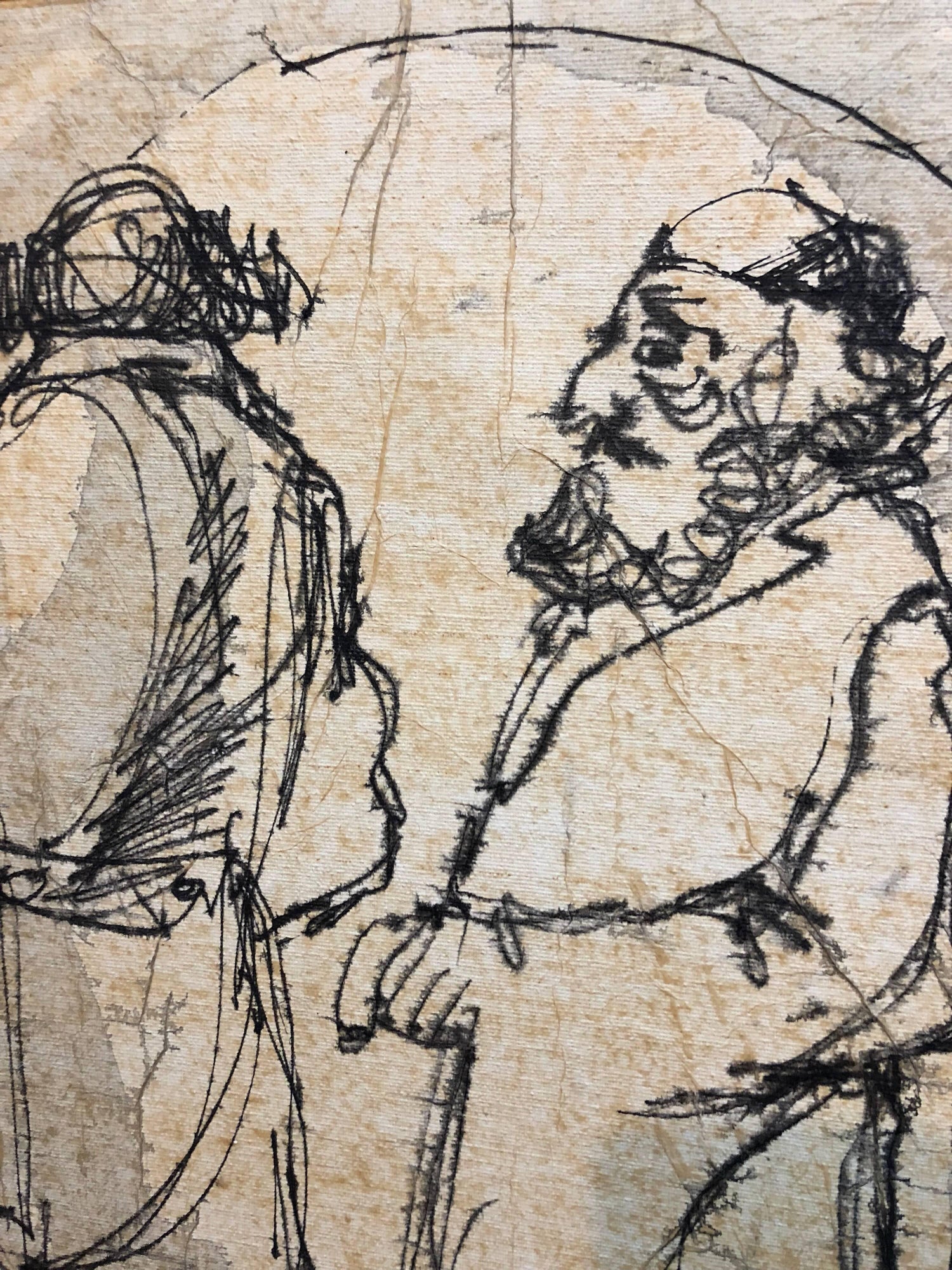 Modernist Israeli Judaica Mixed Media Painting Rabbis Walking In Jerusalem