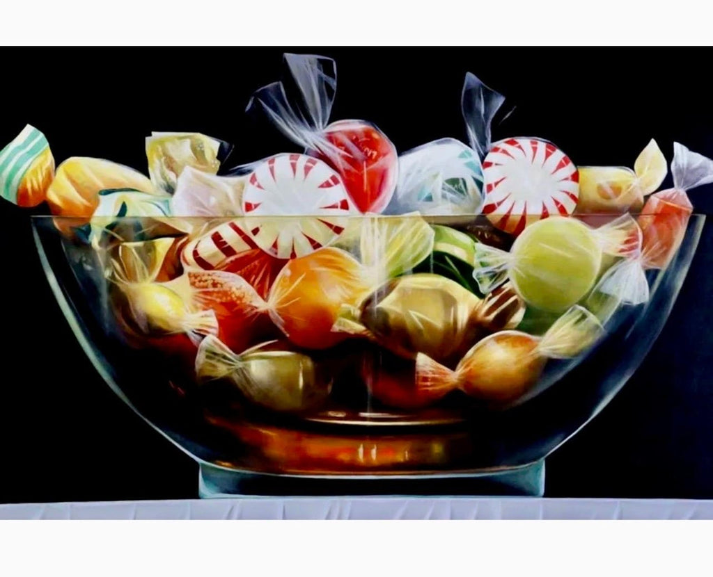 Original James Tormey Photo Realist Oil Painting Still Life Candy Bowl Pop Art