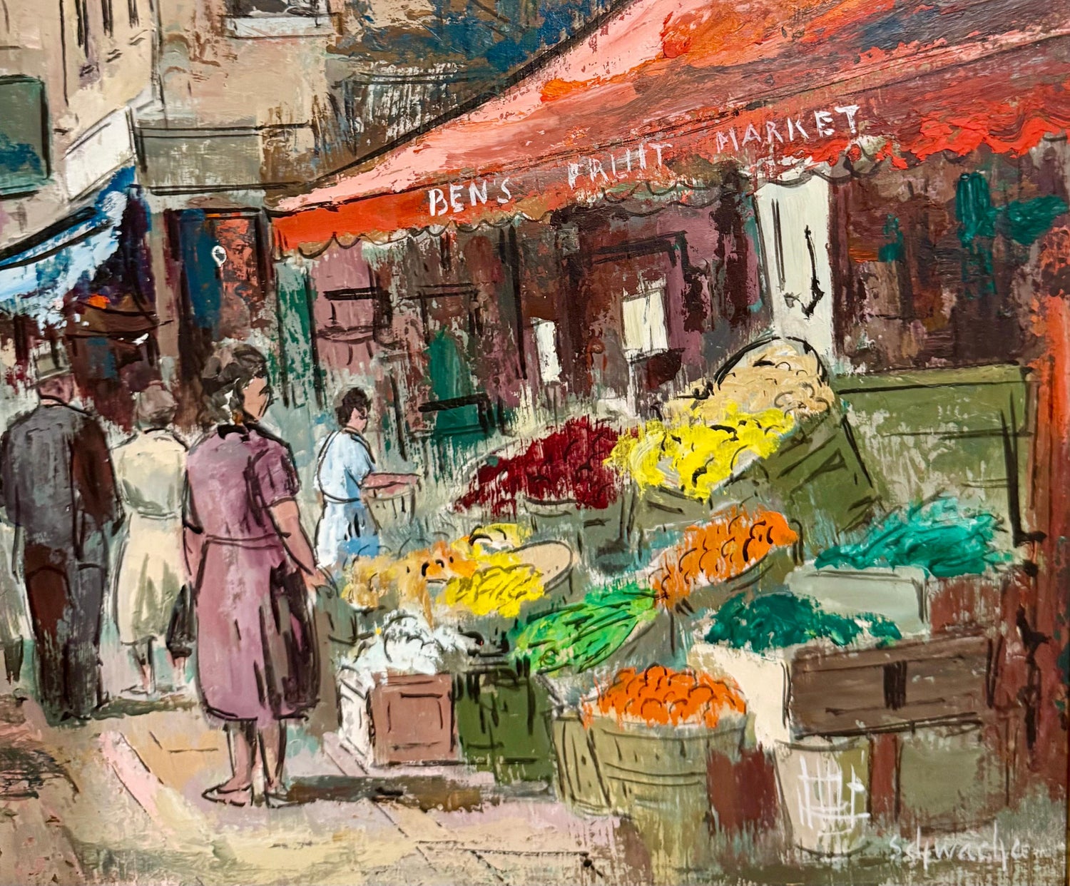 Modernist Oil Painting George Schwacha Brooklyn Street Scene Fruit Market WPA