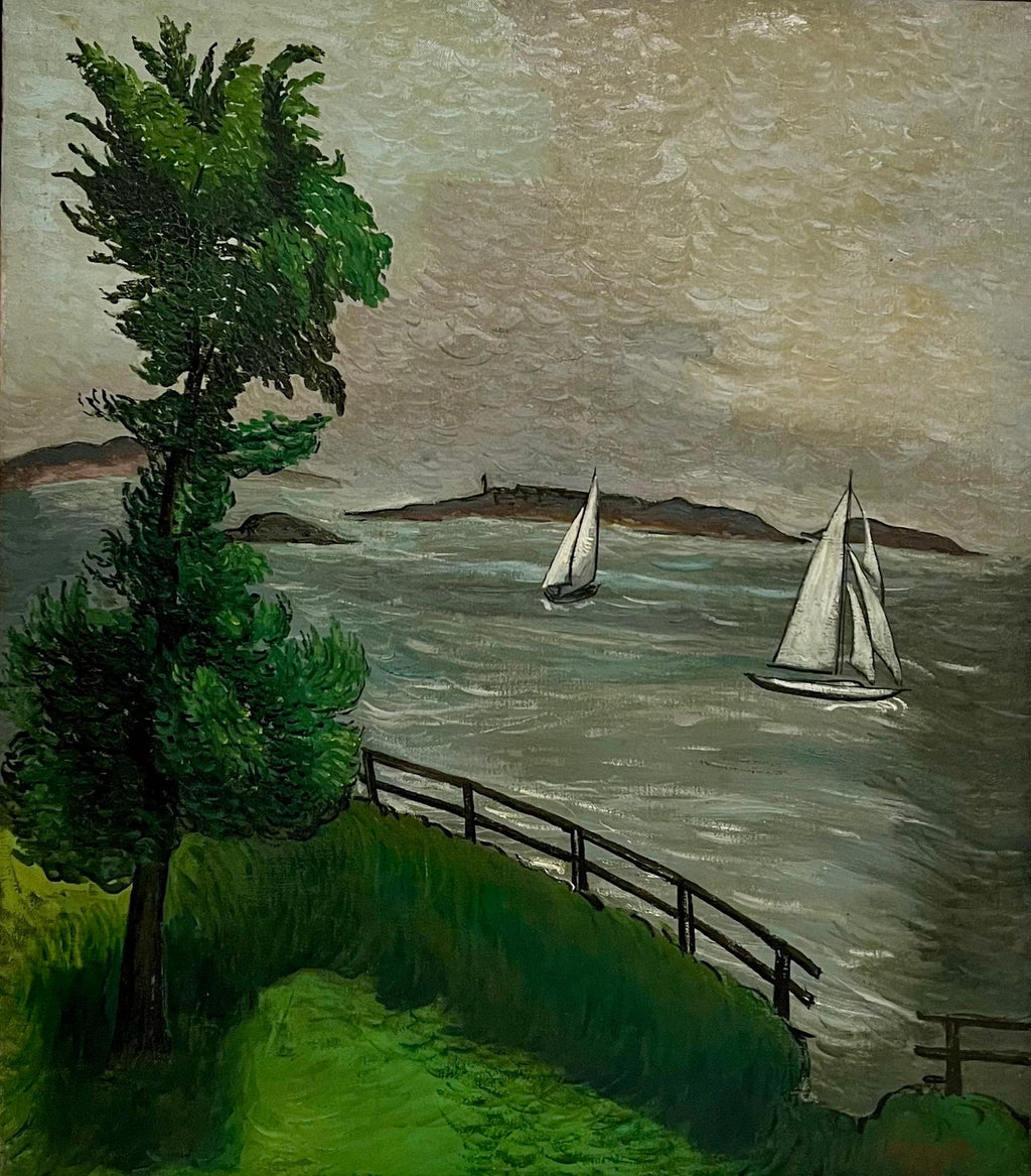 1930 Oil Painting Sea Side Sailboats American Modernist WPA Artist Morris Kantor