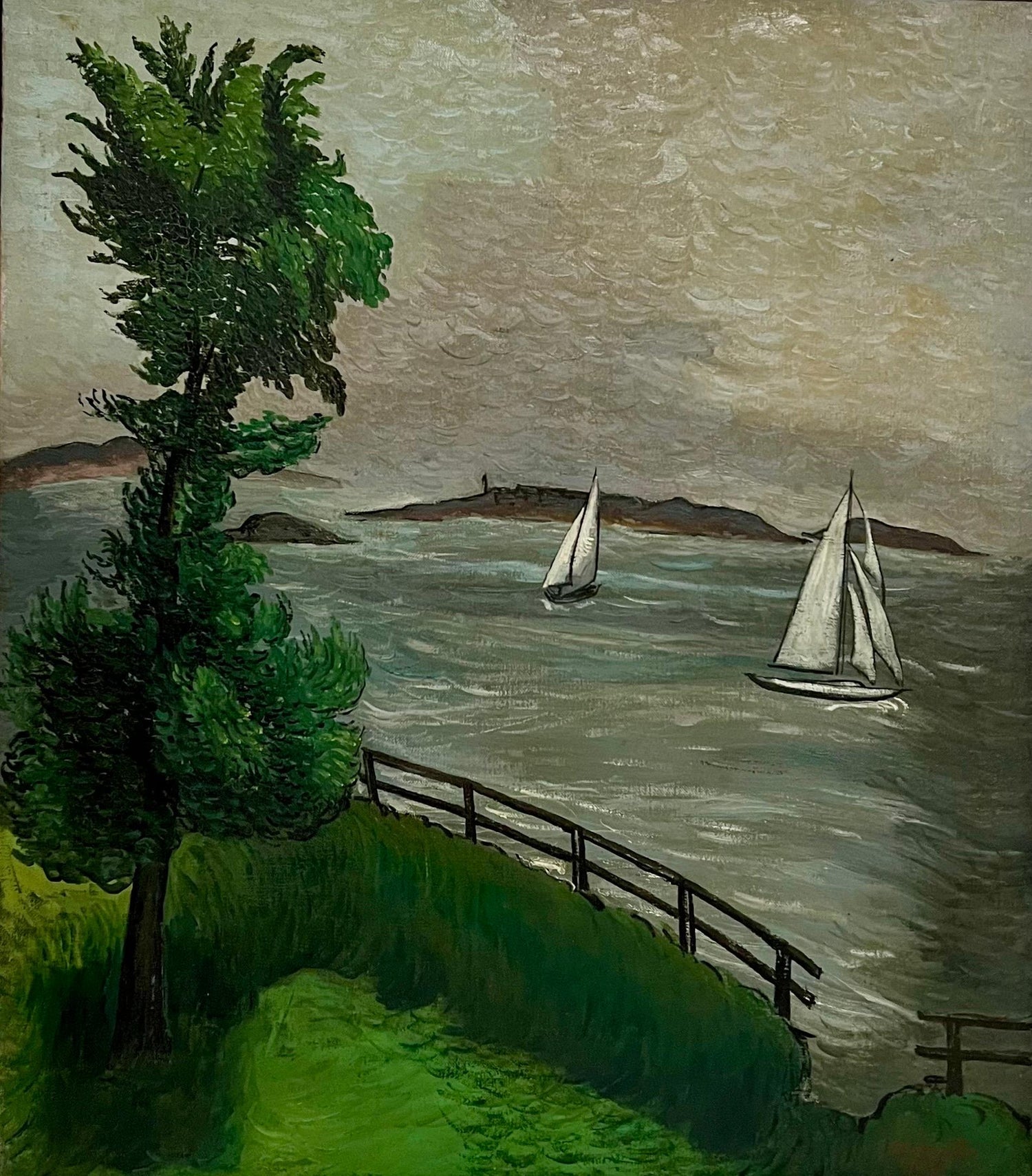 1930 Oil Painting Sea Side Sailboats American Modernist WPA Artist Morris Kantor