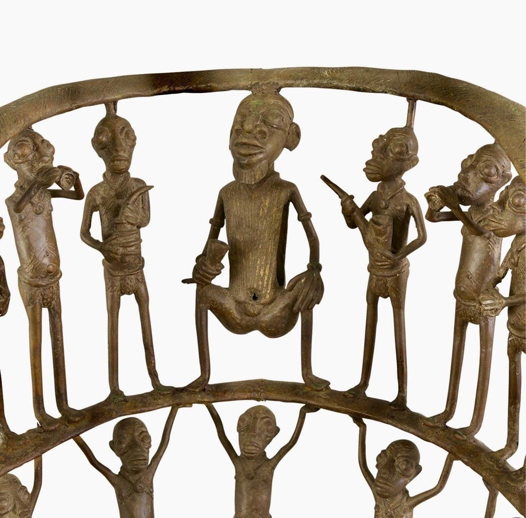 Rare African Solid Benin Bronze Ceremonial Throne Chair Multi Figure Sculpture