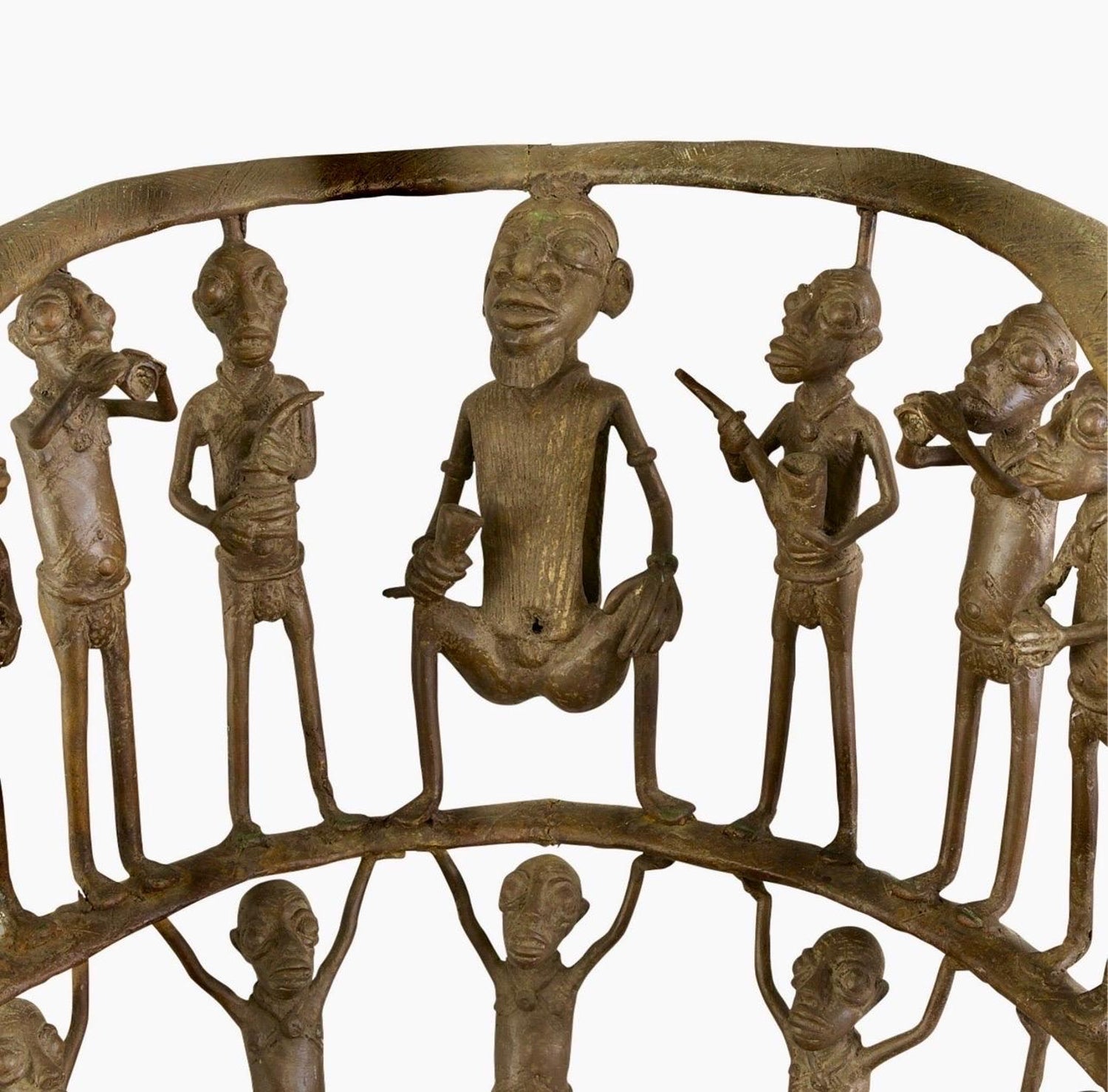 Rare African Solid Benin Bronze Ceremonial Throne Chair Multi Figure Sculpture