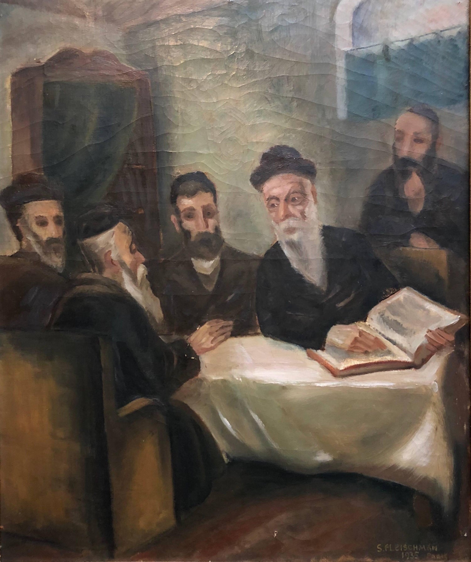 Rare French, Paris 1935 Judaica Oil Painting Rabbis Studying S. Fleischman