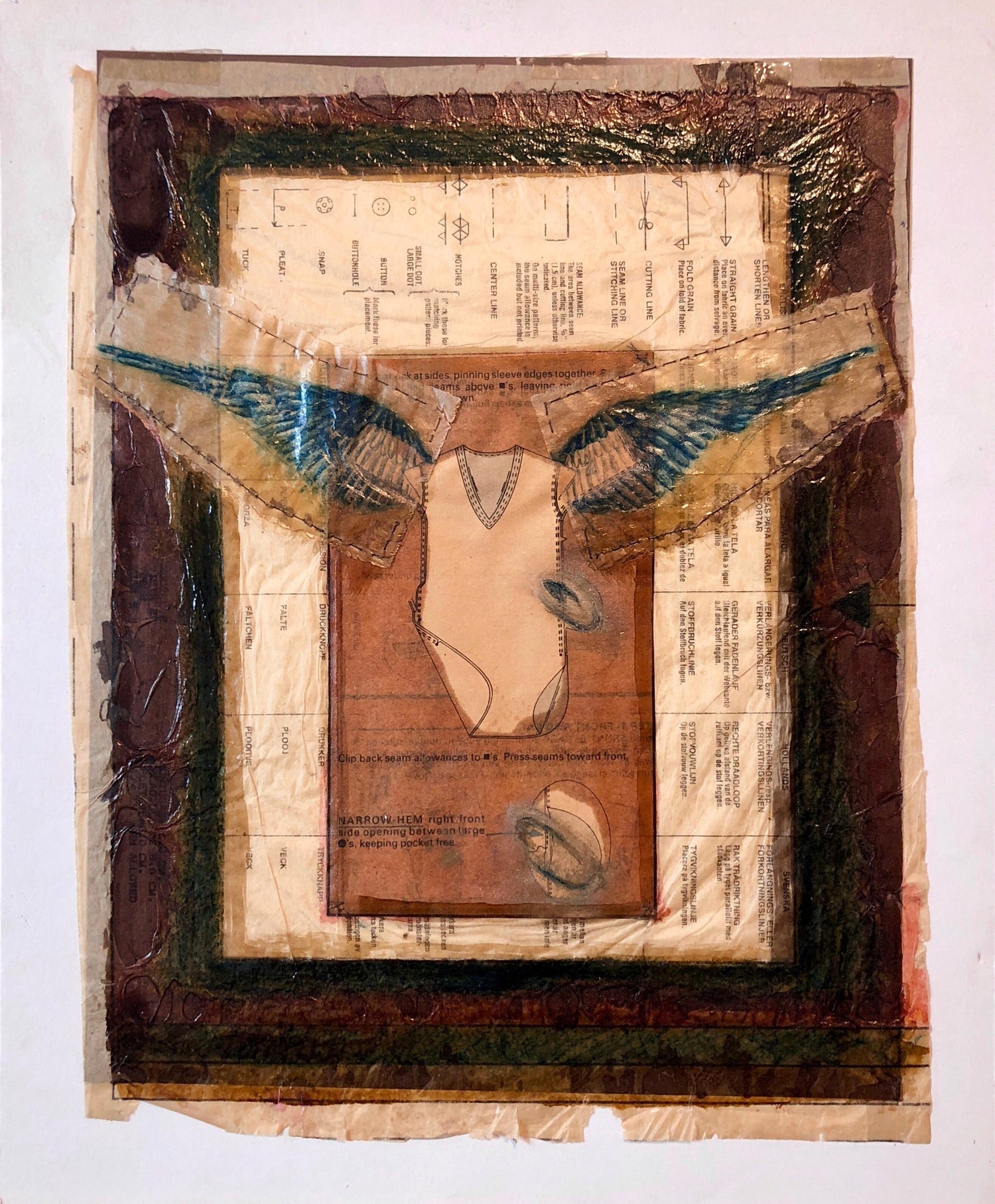 Angel Wings Mixed Media Collage Painting Assemblage Piece Stitched and Sewn
