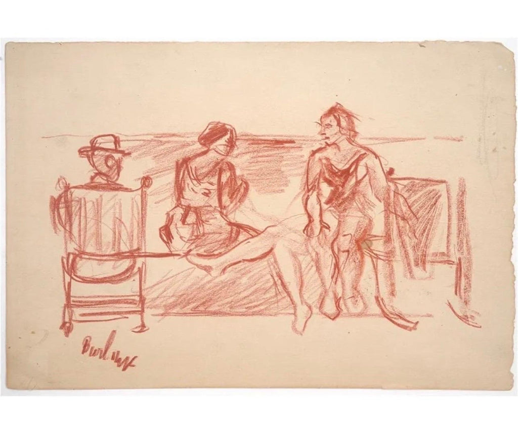 Modernist Conte Crayon Drawing Beach Scene David Burliuk Russian Futurist