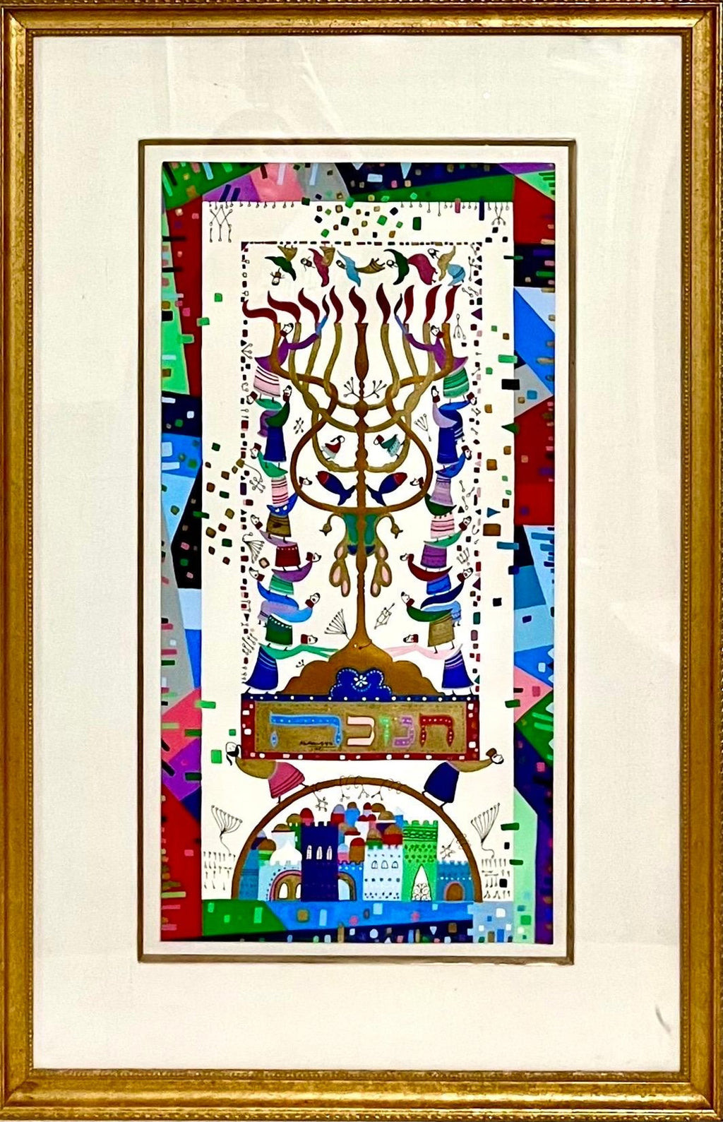 Vibrant Judaica Israeli Hanukkah Sephardic Kabbalah Painting Raphael Abecassis