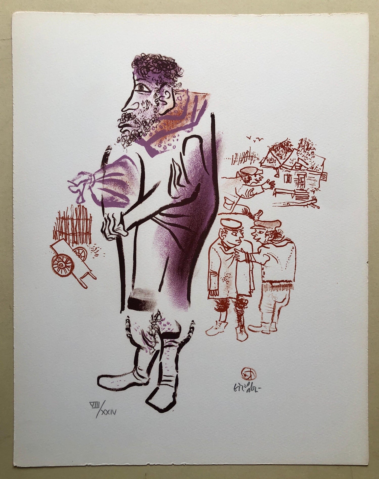 Jewish Shtetl Peddlar Americana Judaica Lithograph WPA Yiddish Social Realist