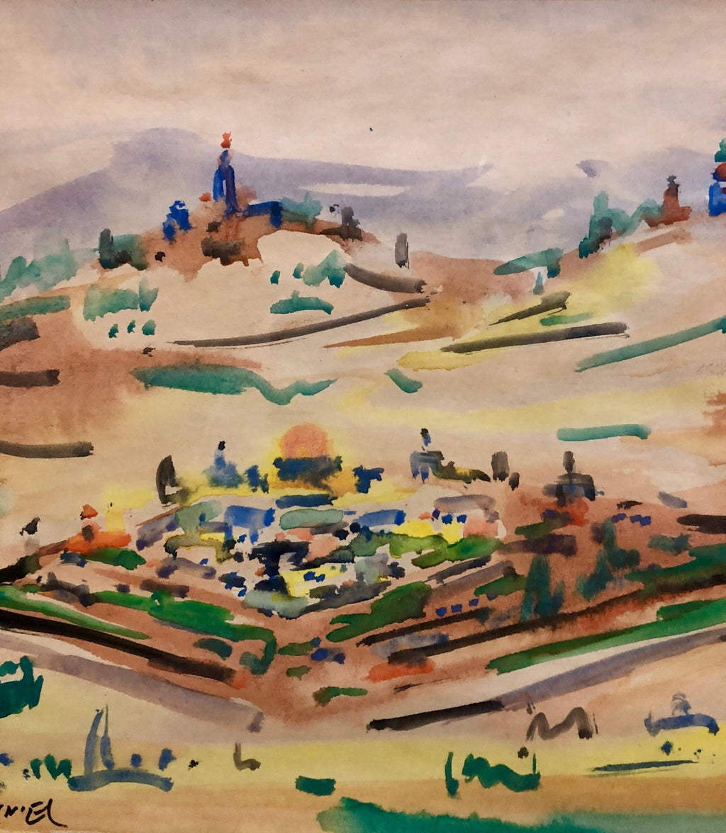 Israeli Modernist Watercolor Painting Jerusalem Landscape Bezalel School Avniel