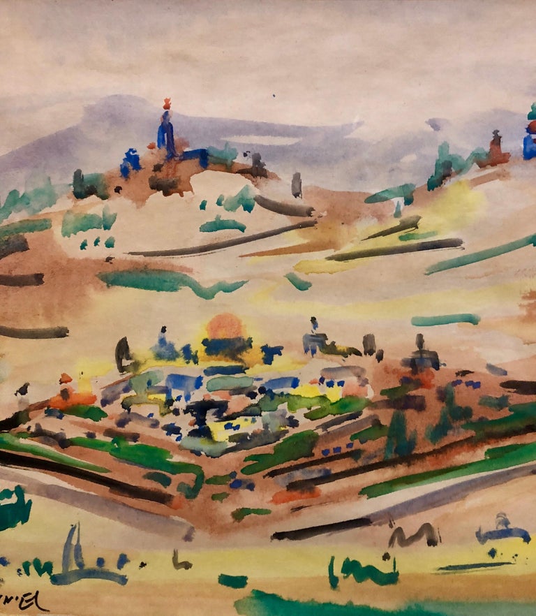 Israeli Modernist Watercolor Painting Jerusalem Landscape Bezalel School Avniel