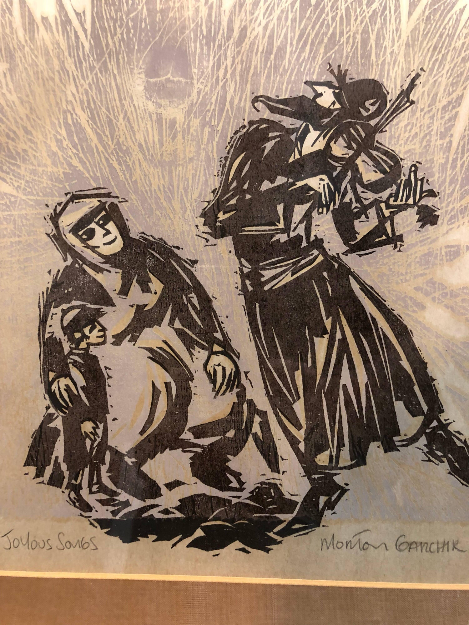 Original Judaica Woodcut Print  'Joyous Songs' Dancing Jewish Couple