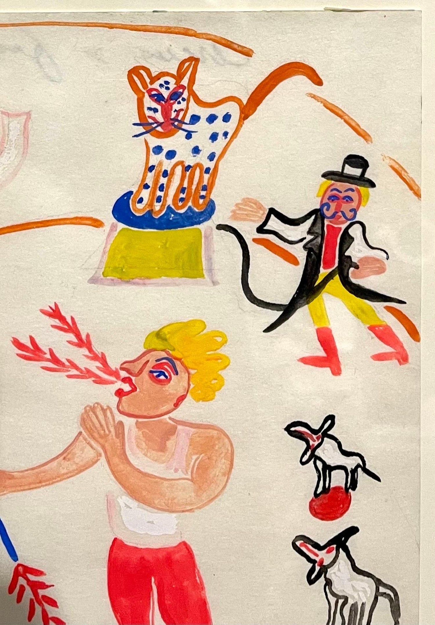 Malcah Zeldis Folk Art Gouache Painting Outsider Artist Circus Fire Eater, Tiger