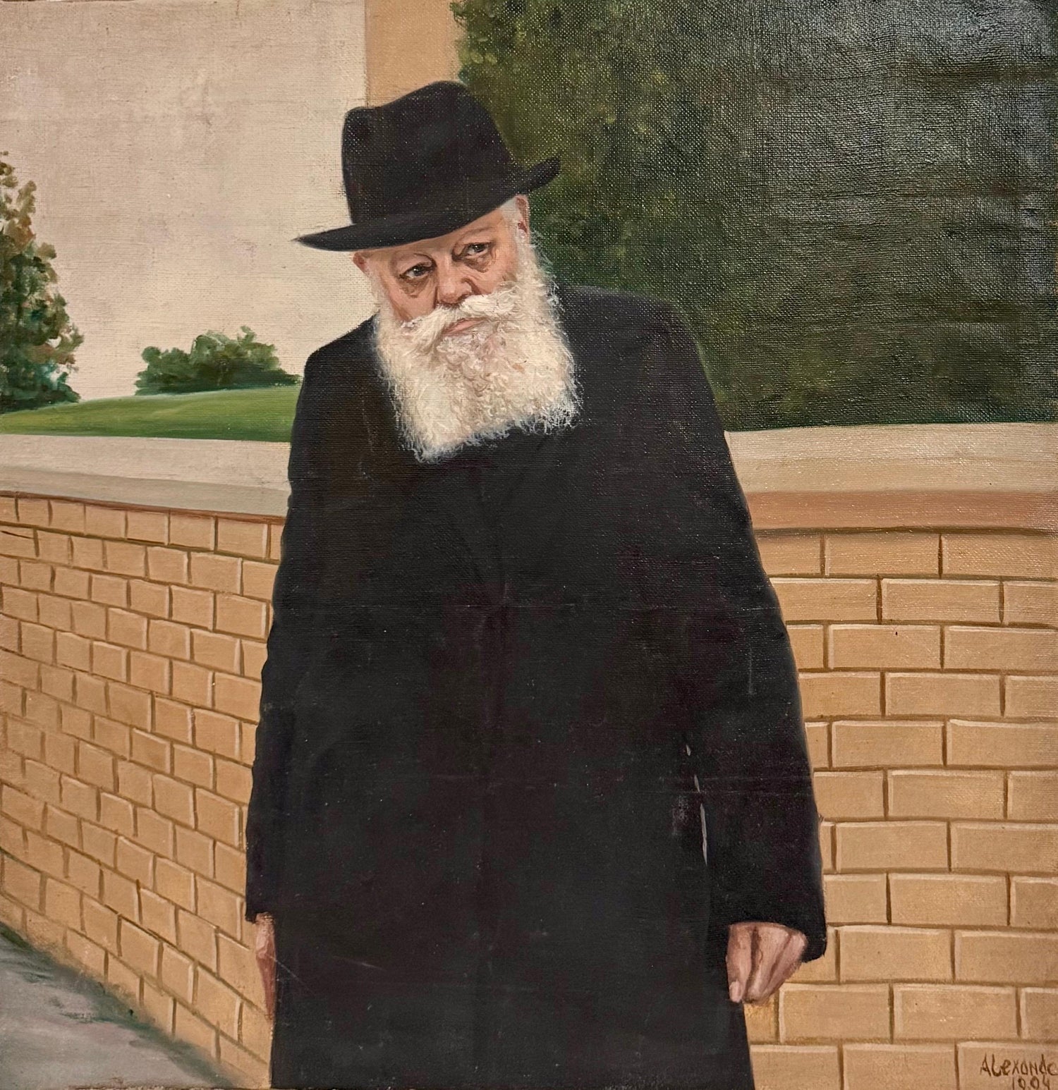 Large Judaica Original Oil Rabbi Painting Lubavitcher Rebbe 770 Chabad, New York