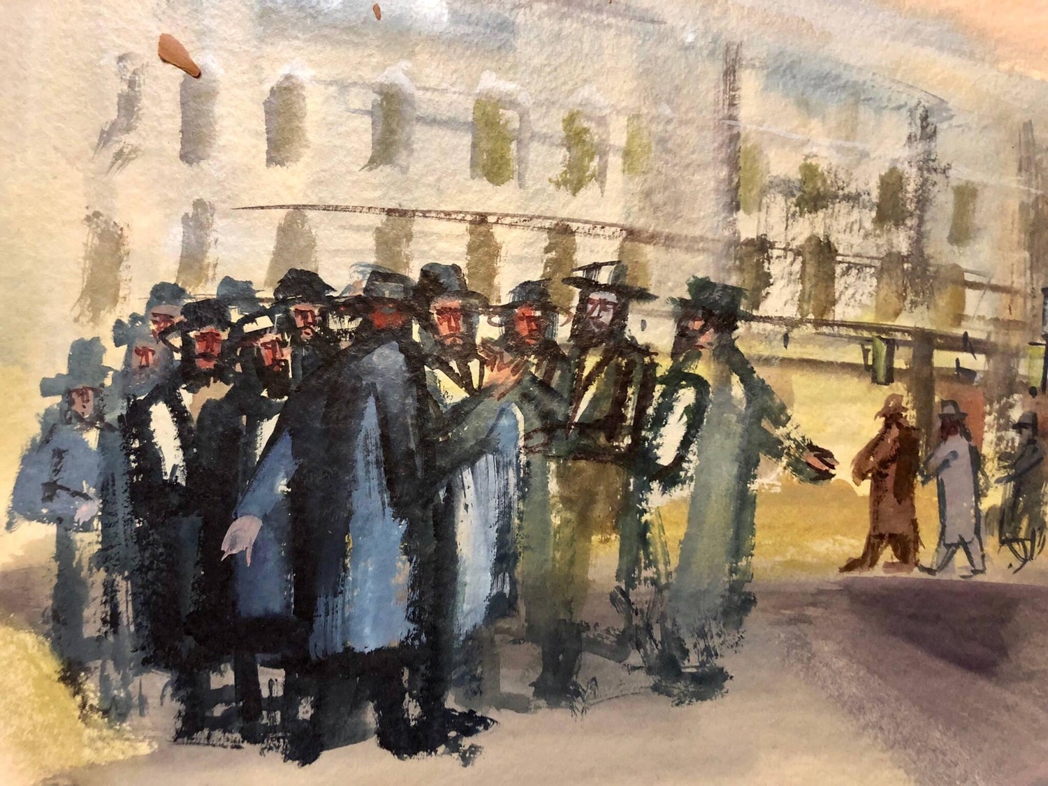 Modernist American Judaica Painting Jewish Men Outside Synagogue Eastern Parkway