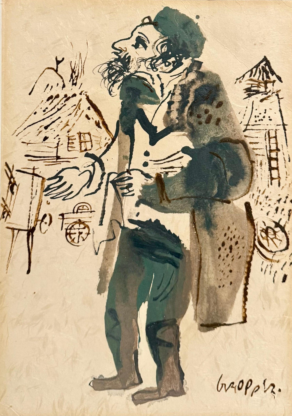 Jewish Rabbi Student Judaica Watercolor Gouache Painting WPA Art William Gropper