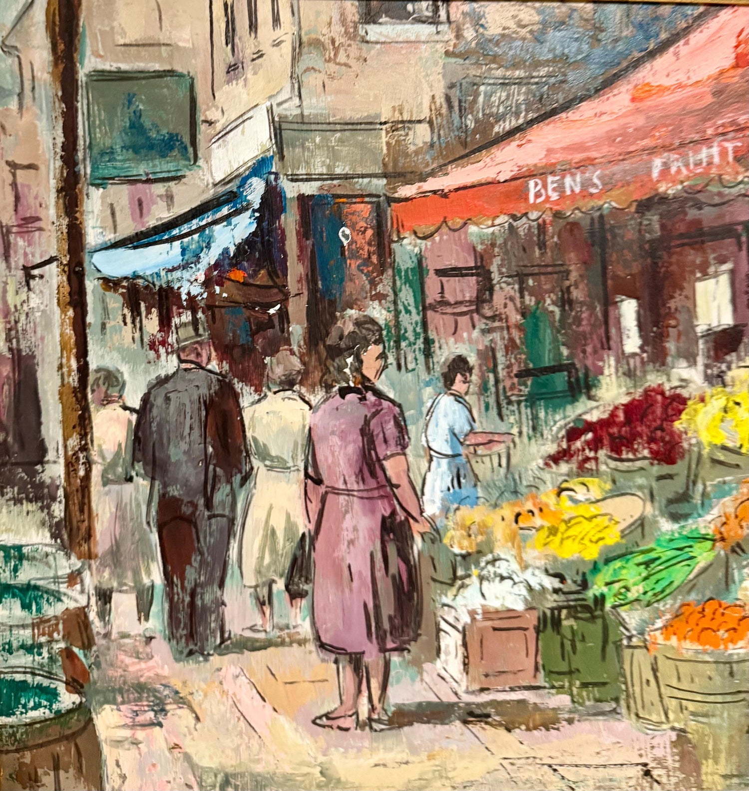 Modernist Oil Painting George Schwacha Brooklyn Street Scene Fruit Market WPA