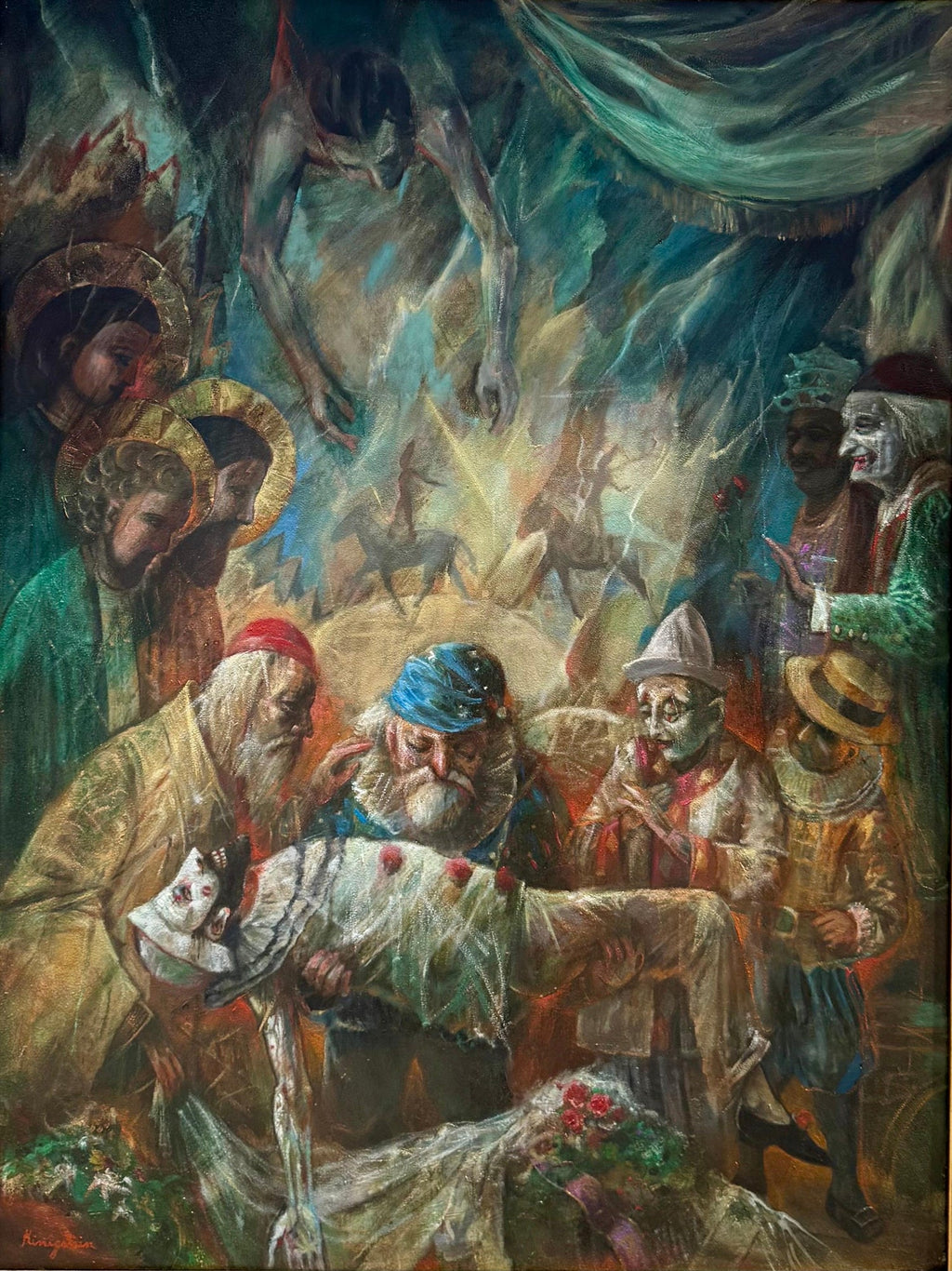 Large Oil Painting Circus Scene Clowns Rediscovered NY Artist Jonah Kinigstein