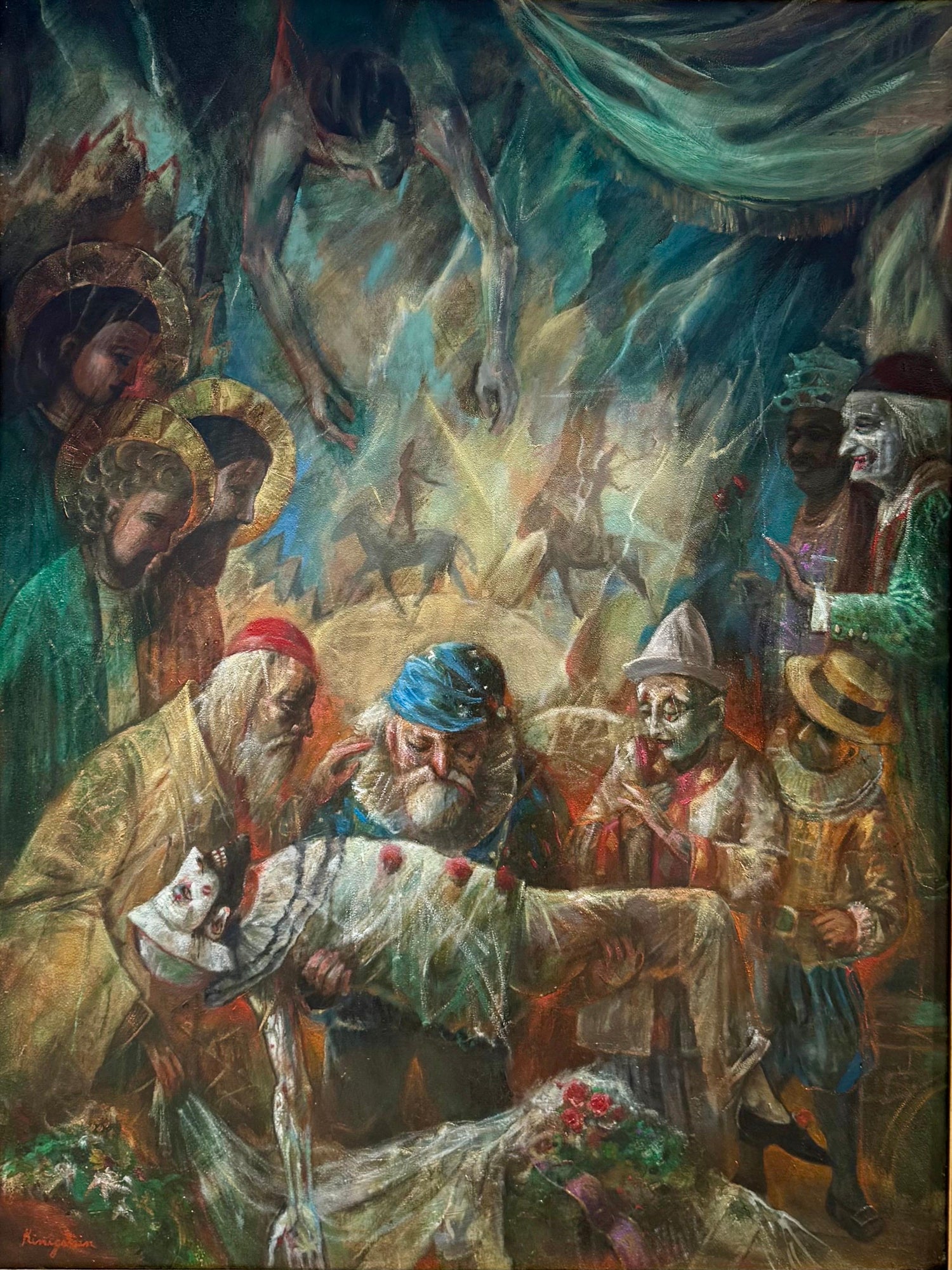 Large Oil Painting Circus Scene Clowns Rediscovered NY Artist Jonah Kinigstein