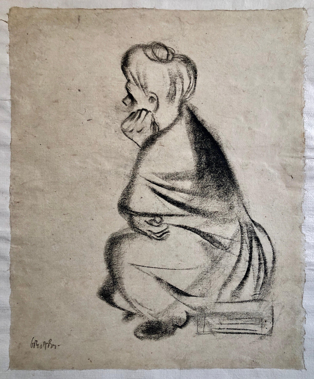 Charcoal Drawing "Waiting" Pensive Woman Americana WPA Artist