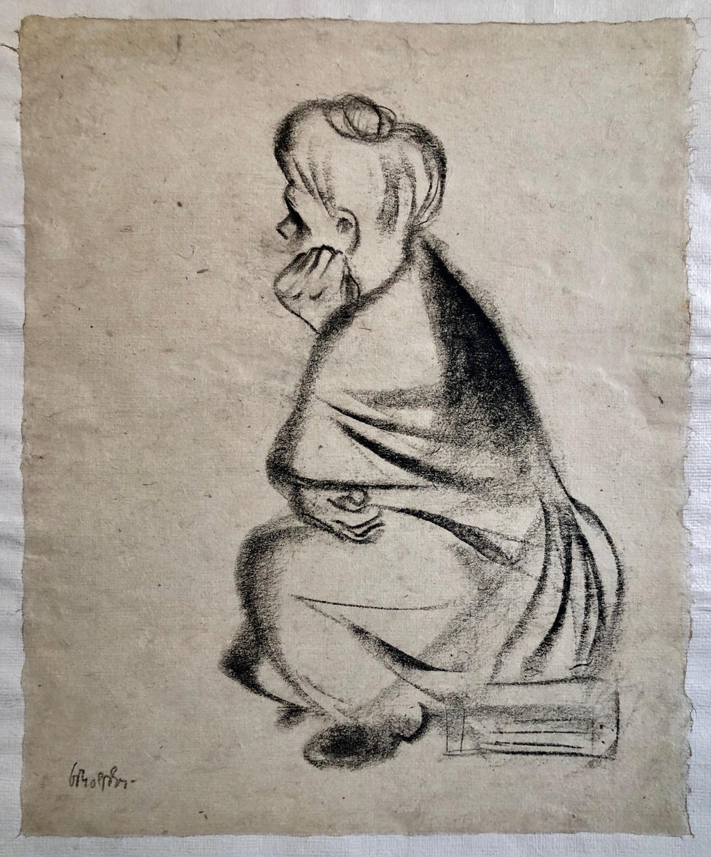 Charcoal Drawing "Waiting" Pensive Woman Americana WPA Artist