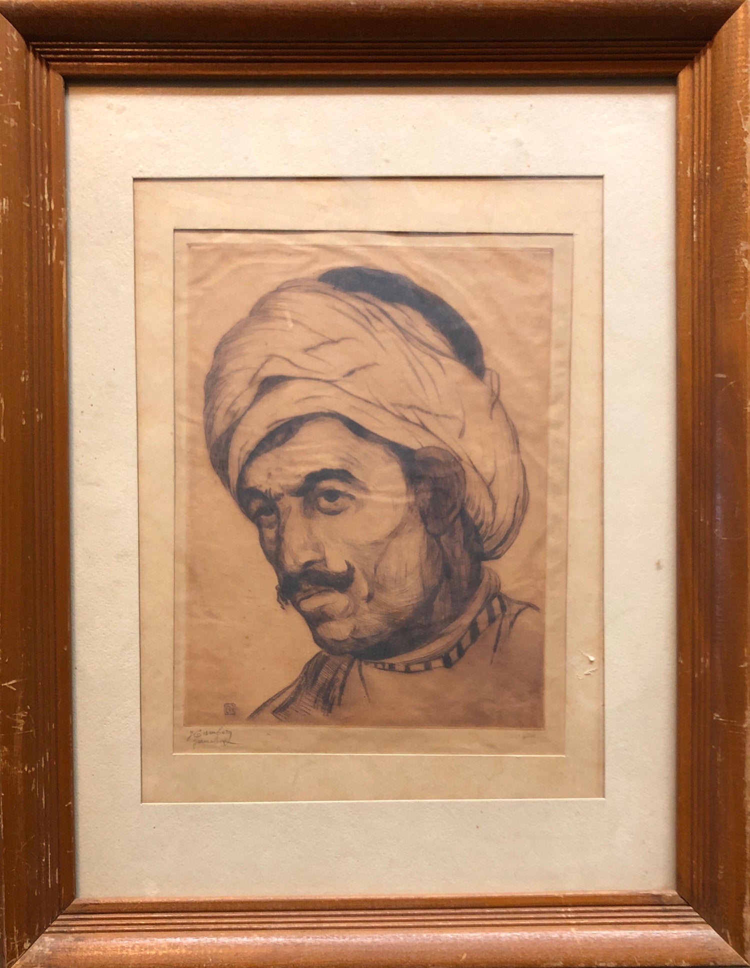 Bezalel School Jerusalem, Middle Eastern Arab Man in Turban Circa 1920s Etching