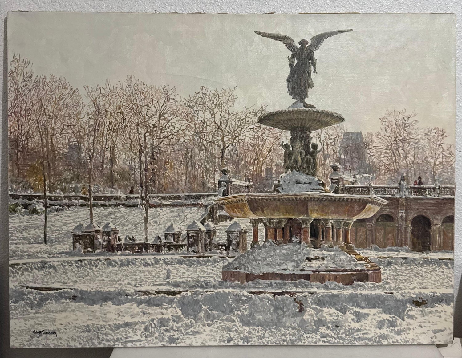 Large Oil Painting Central Park in Winter Robert Sarsony New York City in Snow