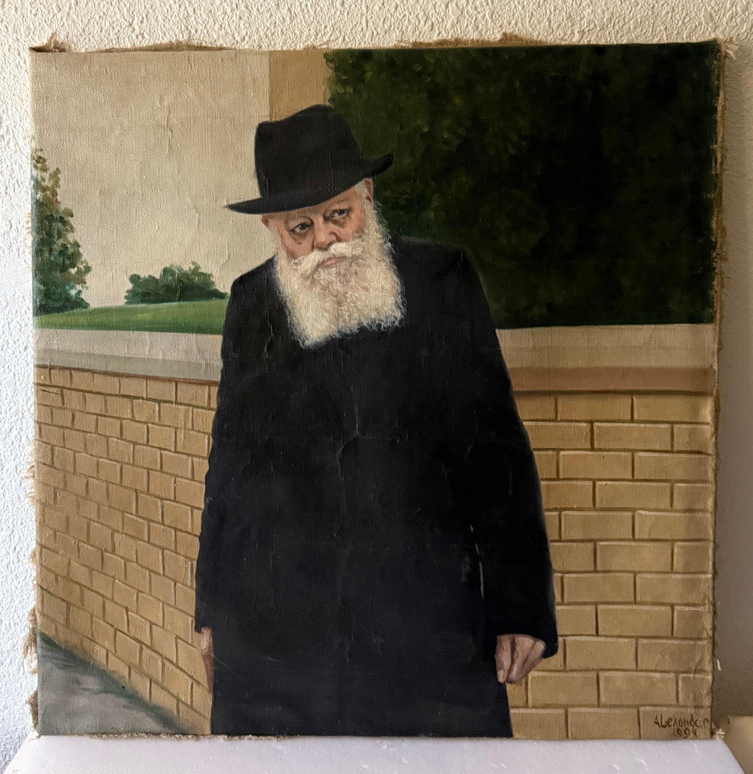 Large Judaica Original Oil Rabbi Painting Lubavitcher Rebbe 770 Chabad, New York