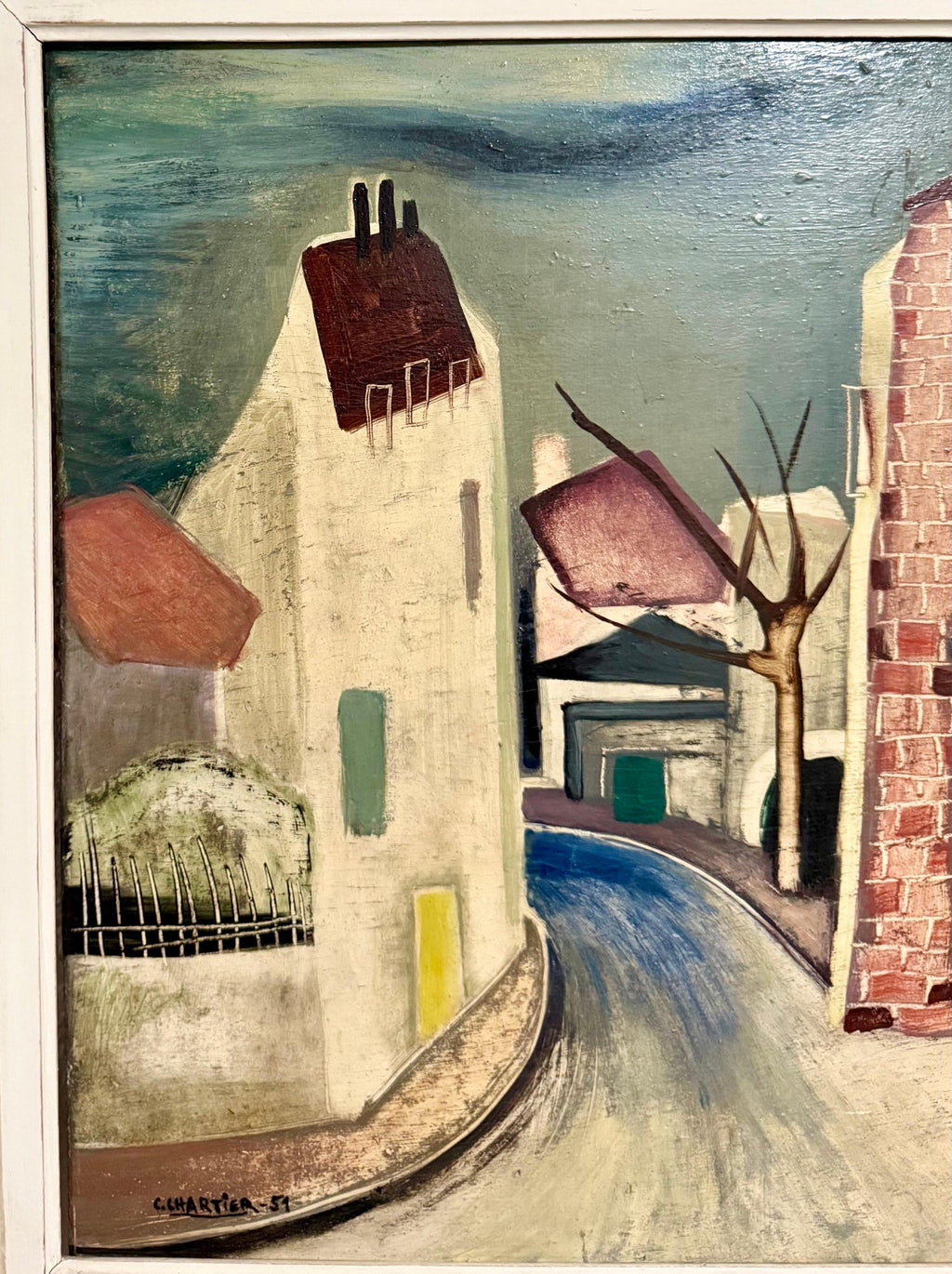 Charles Chartier 1951 French Cubist Modernist Oil Painting Surreal Paris Village