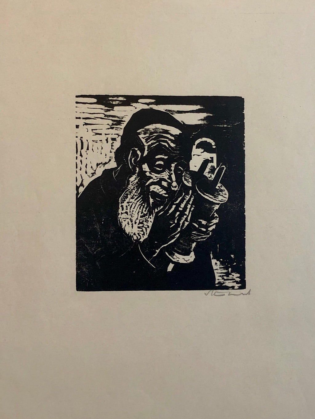 Jewish Rabbi with Torah German Expressionist Woodcut Israeli Early Bezalel