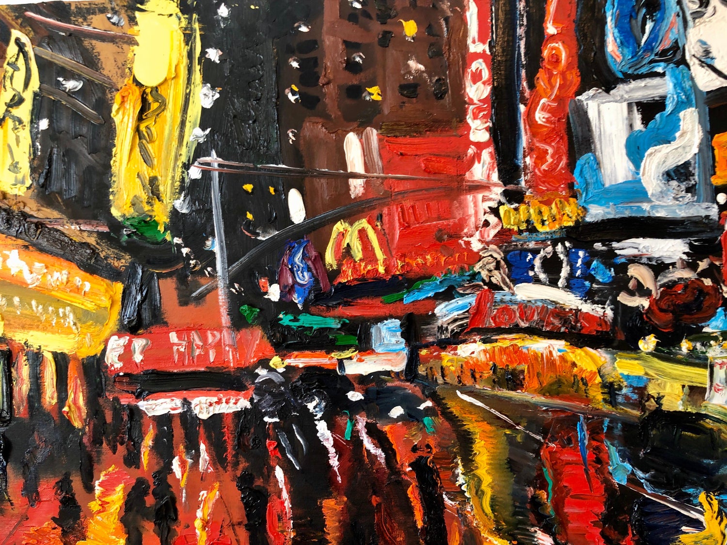 Vibrant New York City Times Square, Figural Abstract Expressionist Oil Painting