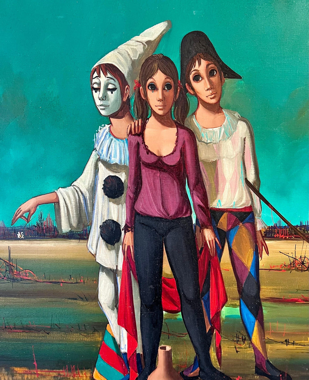 French Mod Surrealist Commedia dell'arte Circus Scene Oil Painting J.P. Serrier