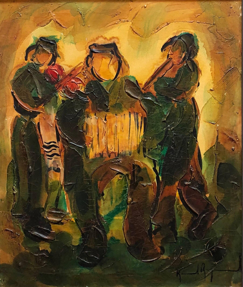 Jewish Klezmer Musicians, Israeli Judaica Impasto Palette Knife Oil Painting