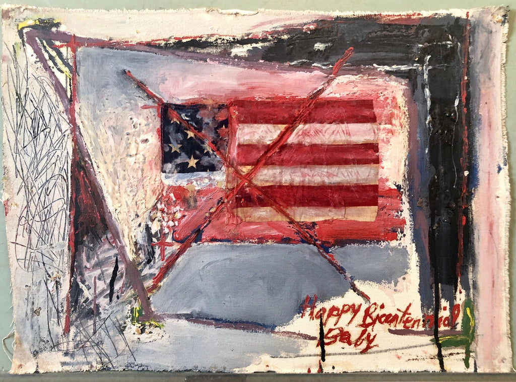 Abstract Expressionist Happy Bicentennial Baby, American Flag Collage Painting